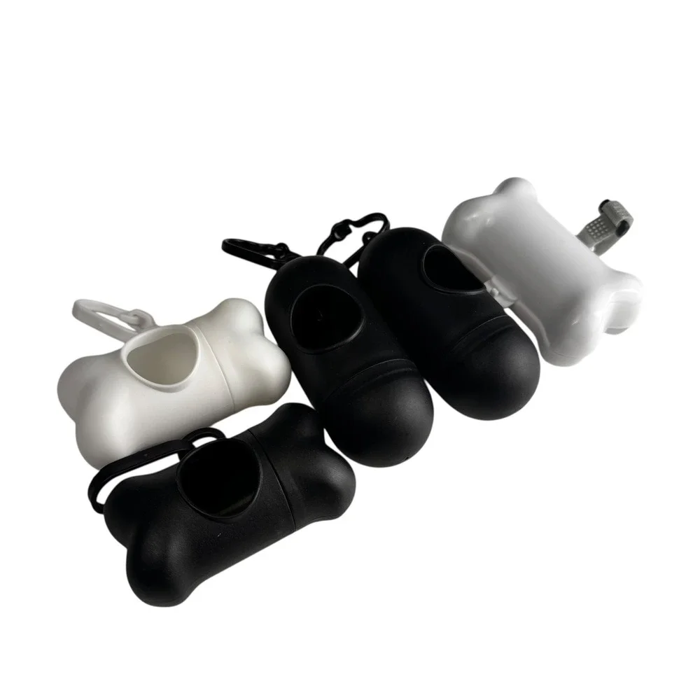 Dog‎ Poop Bag Dispenser Bone Shape Holder Set Black White Leash Attachment C14Q